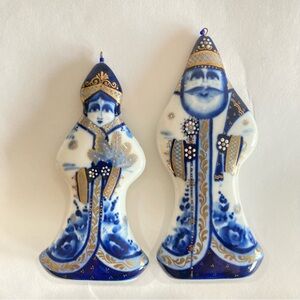 Blue Gold Ceramic Figurines Eldreth Glazed Pottery. Russian ornament. Christmas.